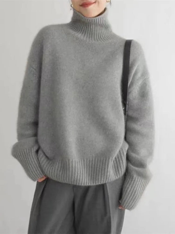 Adalyn ribbed turtleneck sweater in gray, close-up front view