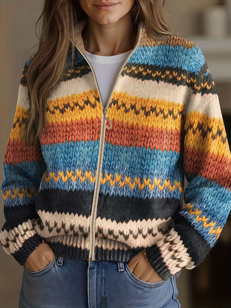 Adalyn striped zip-up knit cardigan, close-up front view with gold zipper