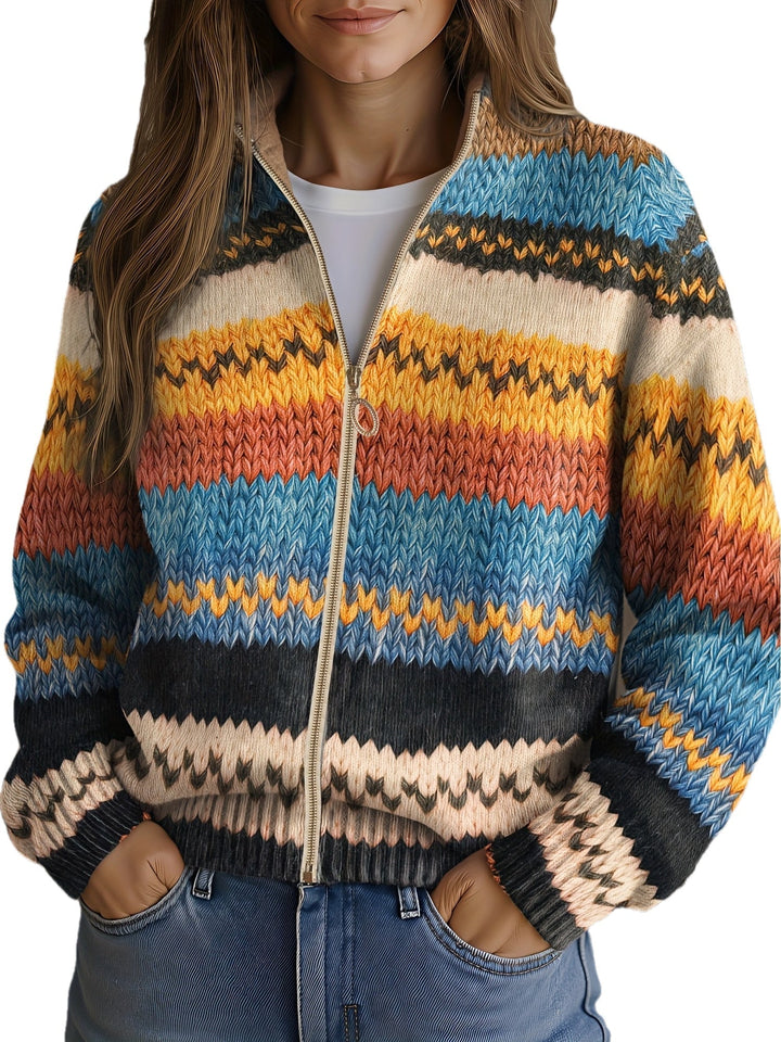 Adalyn striped zip-up knit cardigan, full front view with hands in pockets
