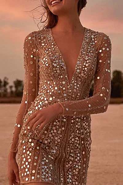 Adalynn sequin V-neck long sleeve mini dress, front view close-up