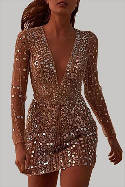 Adalynn sequin V-neck long sleeve mini dress, studio front view