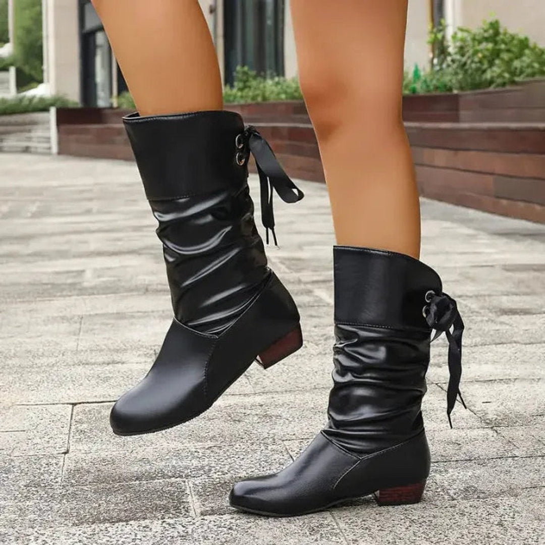 Black slouchy lace-up block heel mid-calf boots back view showing lace-up ribbon