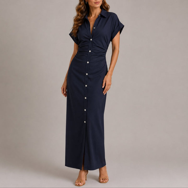 Adeline navy button-down maxi shirt dress, front view