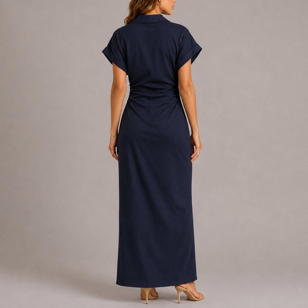 Adeline navy button-down maxi shirt dress, back view