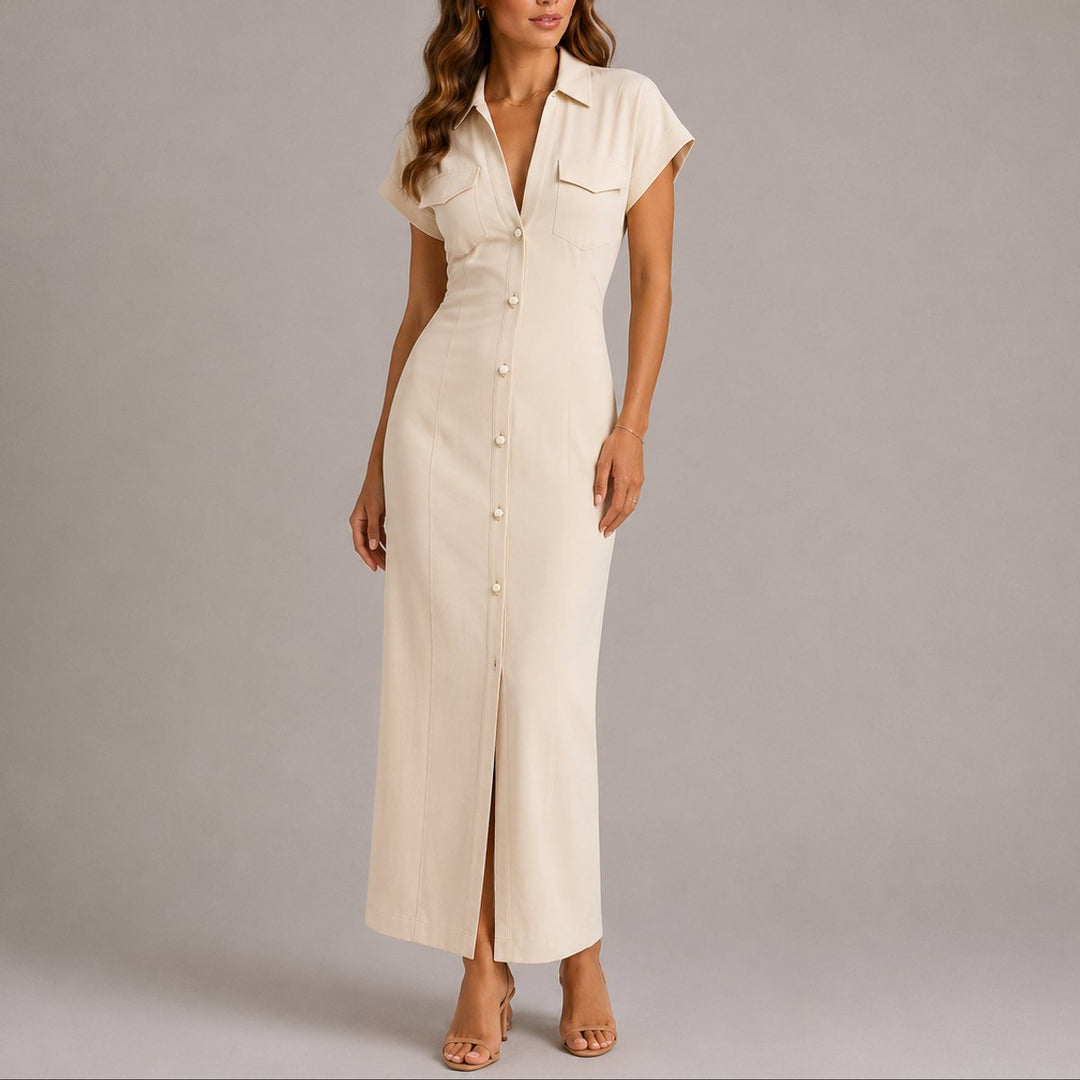 Adeline beige button-down maxi shirt dress, front view