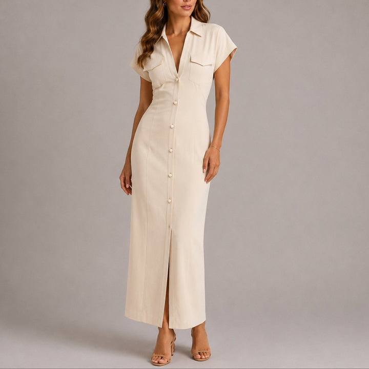 Adeline beige button-down maxi shirt dress, front view