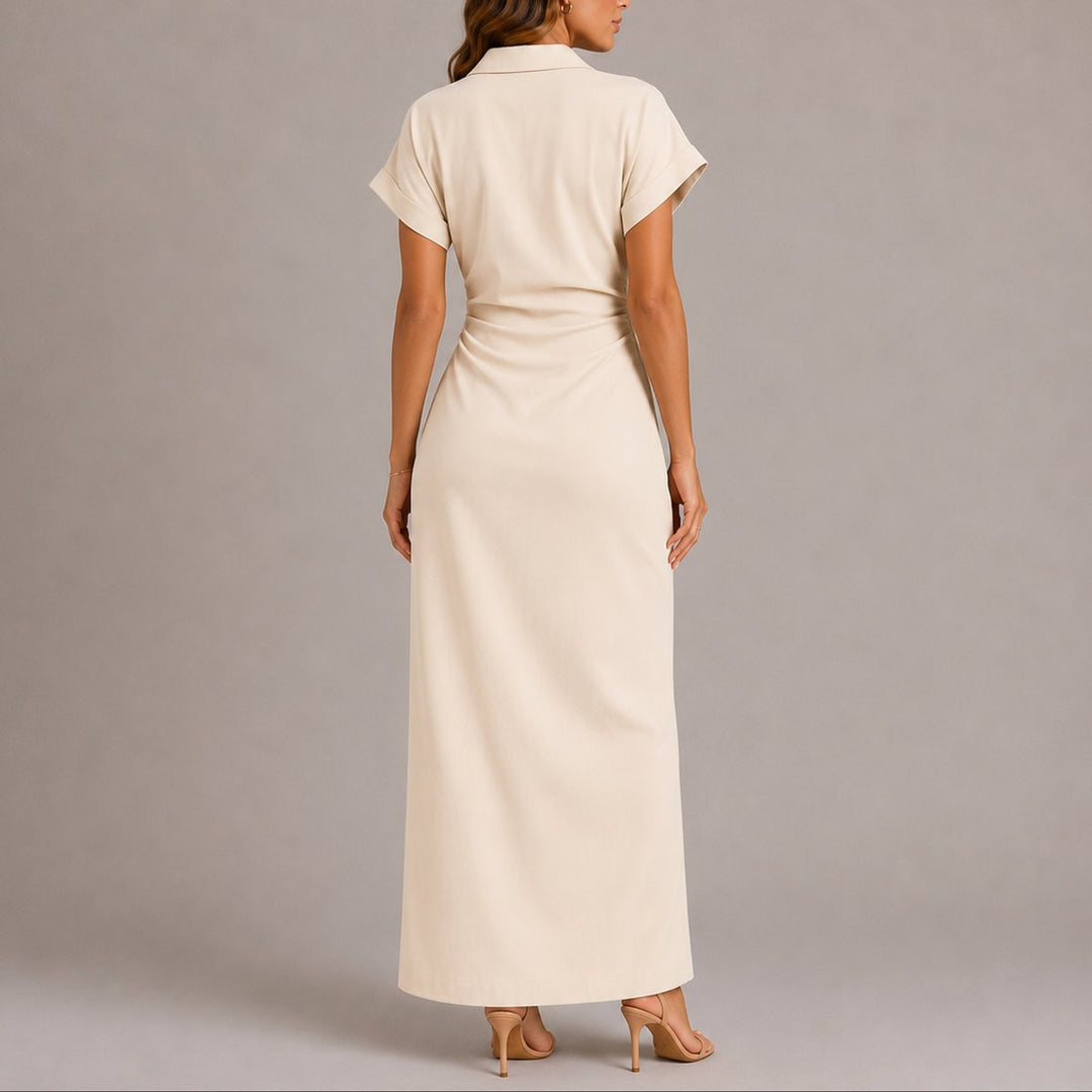 Adeline beige button-down maxi shirt dress, back view