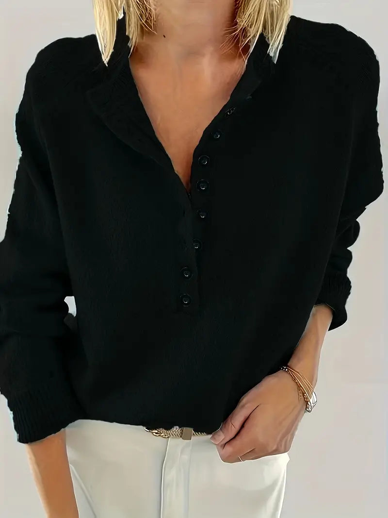Adeline button front knit sweater in black, close-up front view