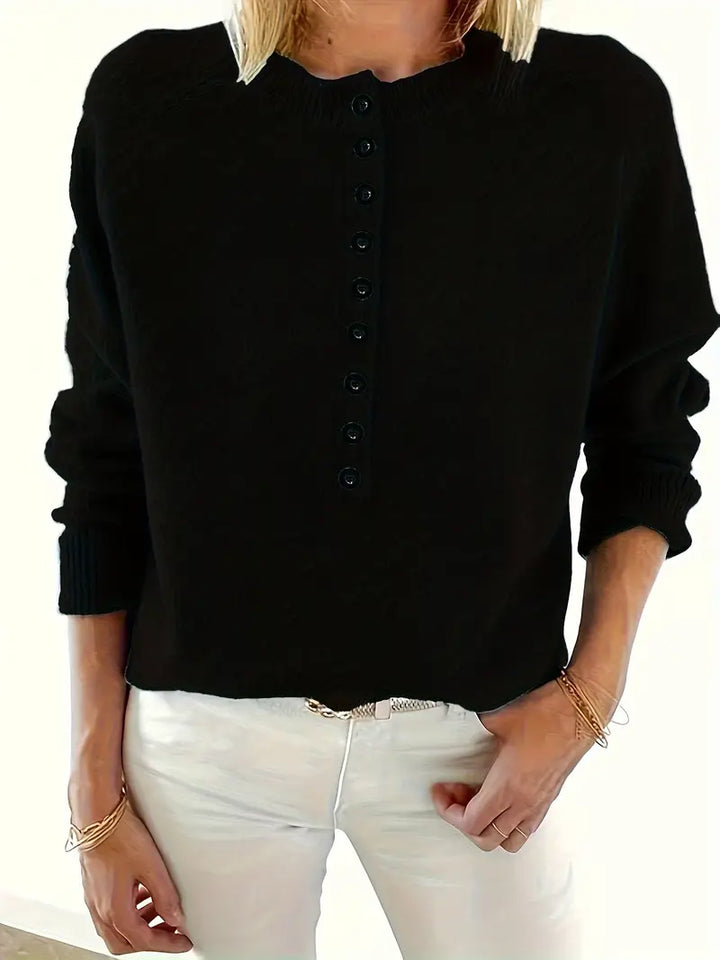 Adeline button front knit sweater in black, front view