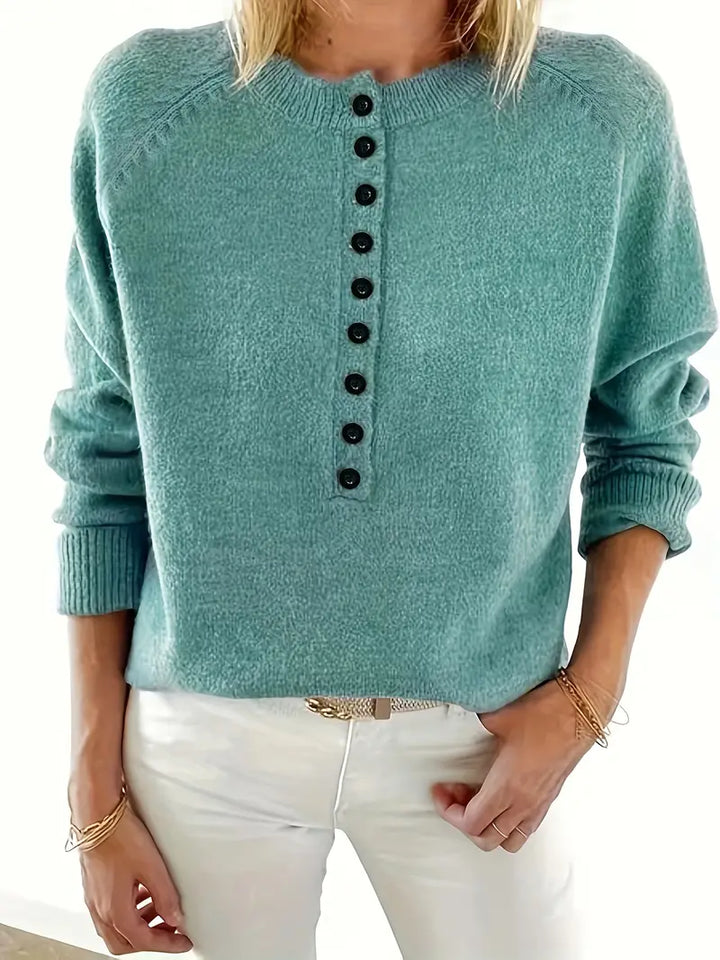 Adeline button front knit sweater in green, front view