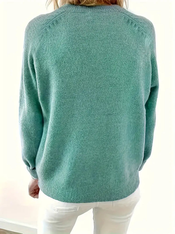 Adeline button front knit sweater in green, back view