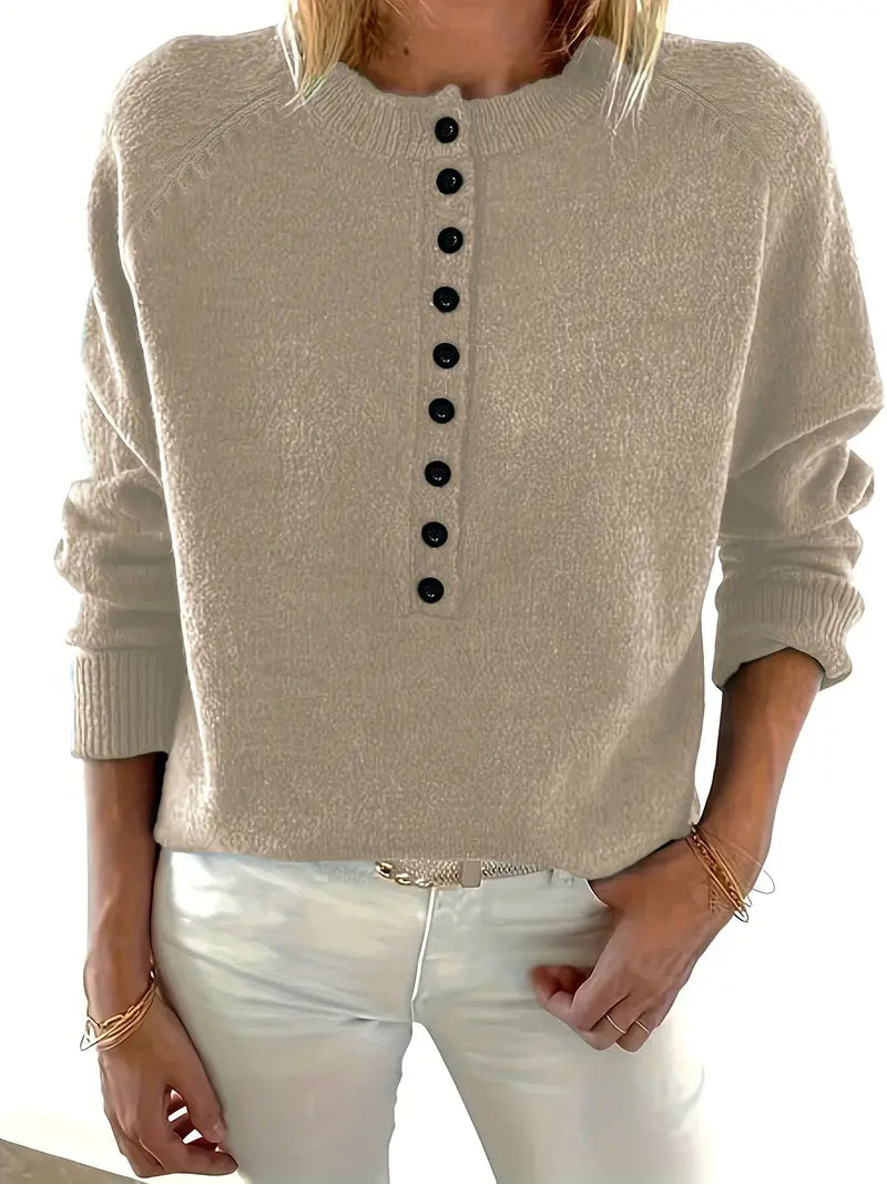 Adeline button front knit sweater in beige, front view