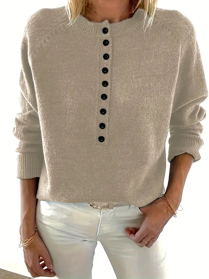 Adeline button front knit sweater in beige, front view