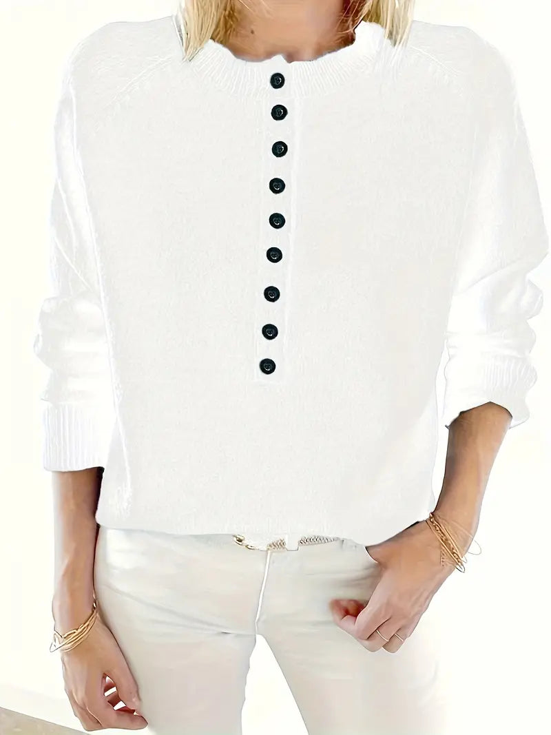 Adeline button front knit sweater in white, front view