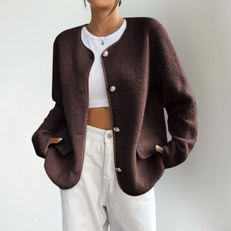 Adeline collarless button front knit cardigan with pockets, front view close-up