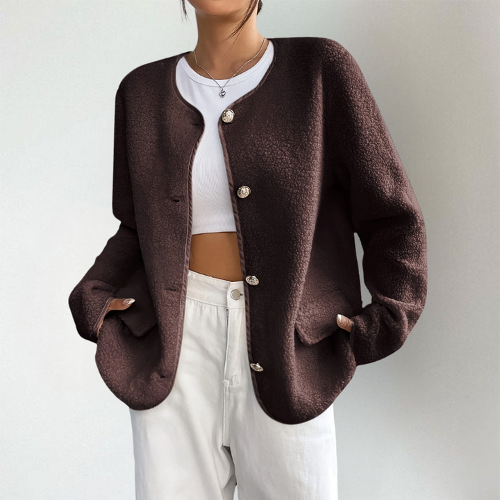 Adeline collarless button front knit cardigan with pockets, front view close-up