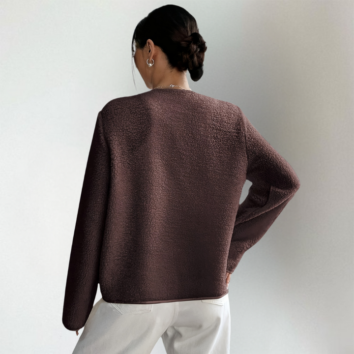 Adeline collarless knit cardigan, back view showing silhouette