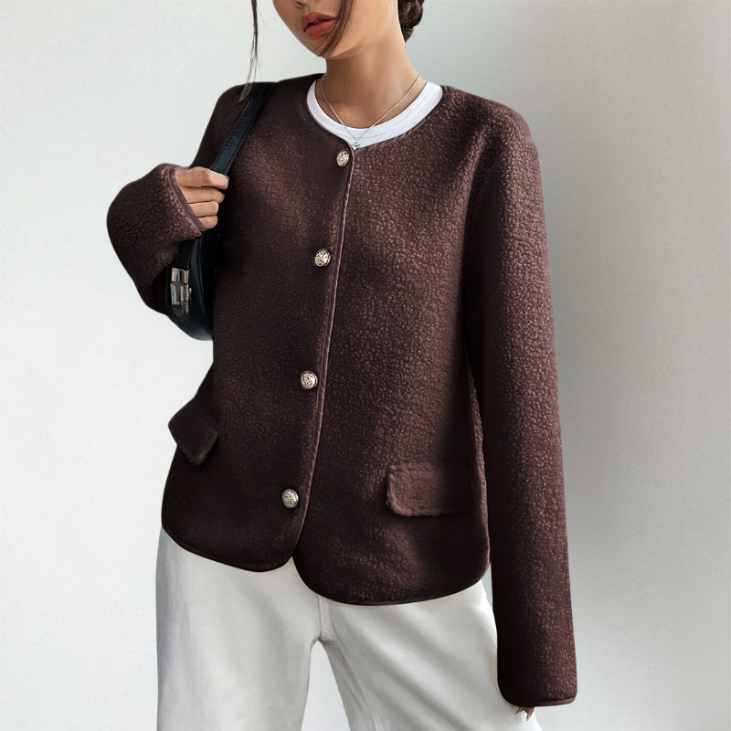 Adeline collarless button front cardigan styled with white top, front view