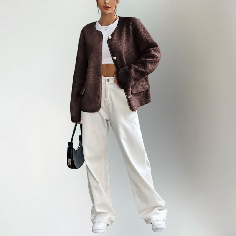Adeline collarless knit cardigan full outfit with wide leg pants