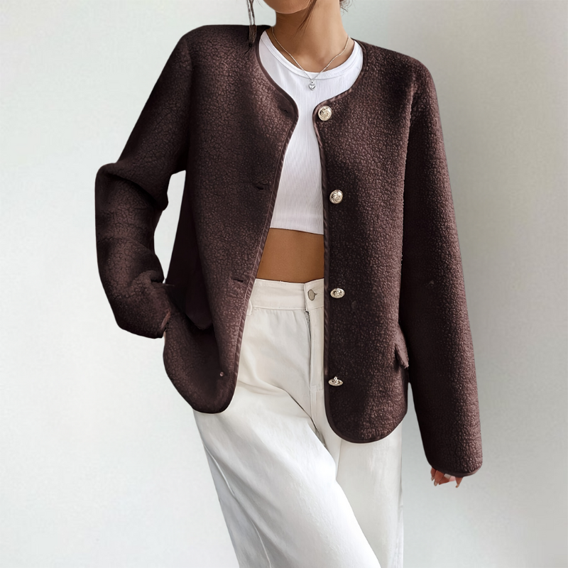 Adeline collarless button front cardigan, close-up front detail with buttons