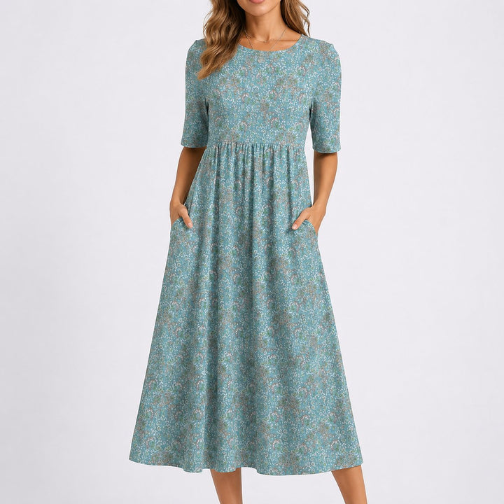 Adeline floral midi dress with round neckline, front view