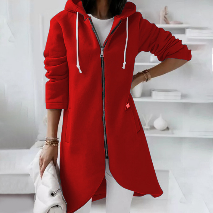Adeline longline hooded zip-up cardigan in red, front view