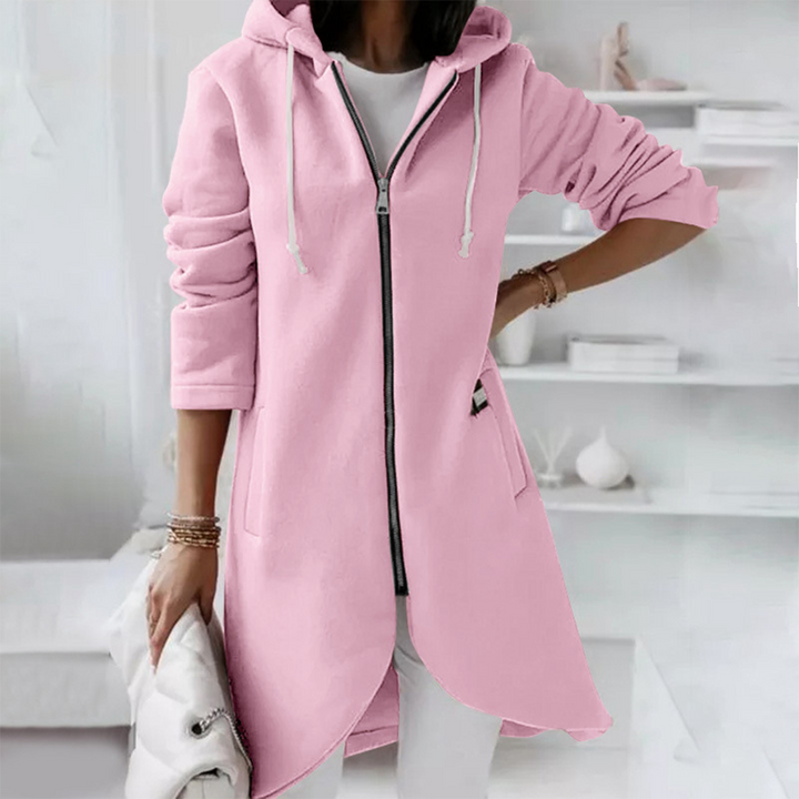 Adeline longline hooded zip-up cardigan in pink, front view
