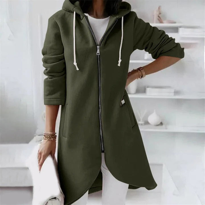 Adeline longline hooded zip-up cardigan in olive green, front view