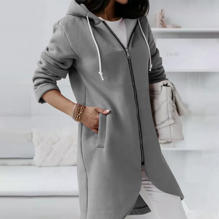Adeline longline hooded zip-up cardigan in gray, side view with pocket detail