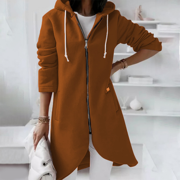 Adeline longline hooded zip-up cardigan in brown, front view