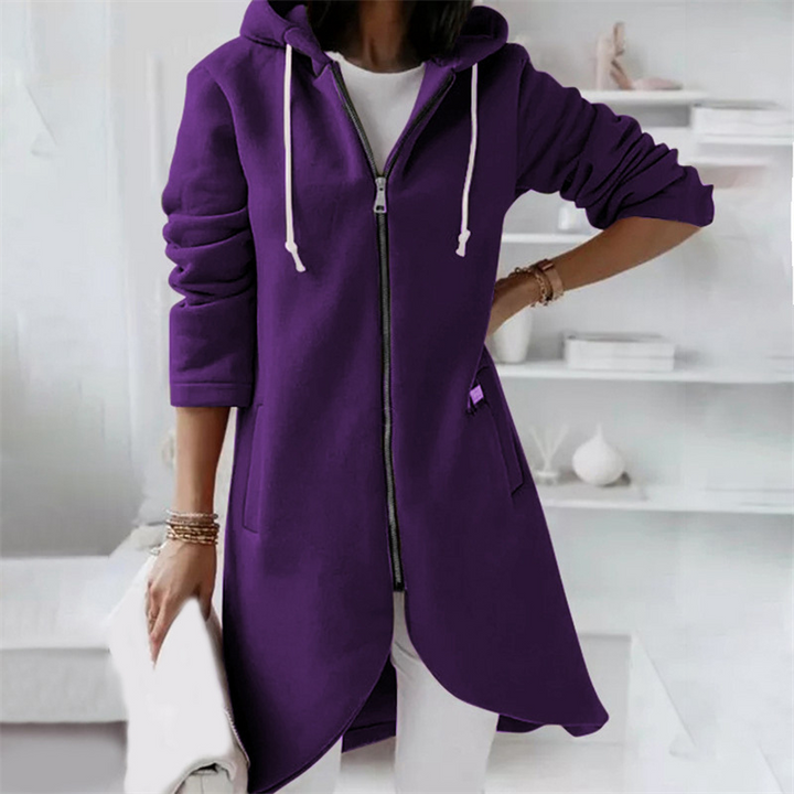 Adeline longline hooded zip-up cardigan in purple, front view