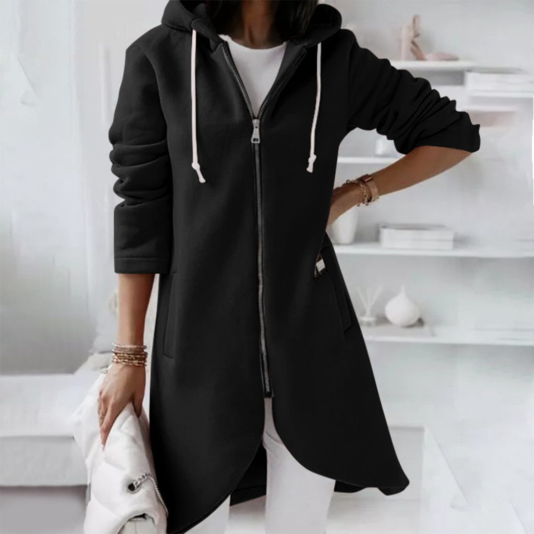 Adeline longline hooded zip-up cardigan in black, front view