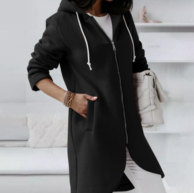 Adeline longline hooded zip-up cardigan in black, close-up pocket detail