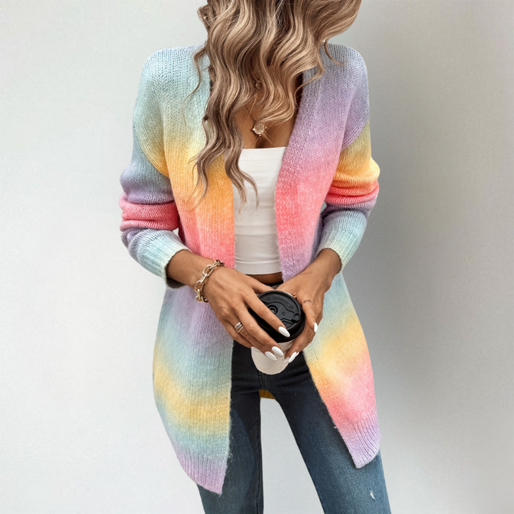 Adeline ombre open front longline cardigan, front view holding coffee cup