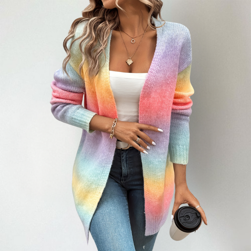 Adeline ombre open front longline cardigan, close-up front detail