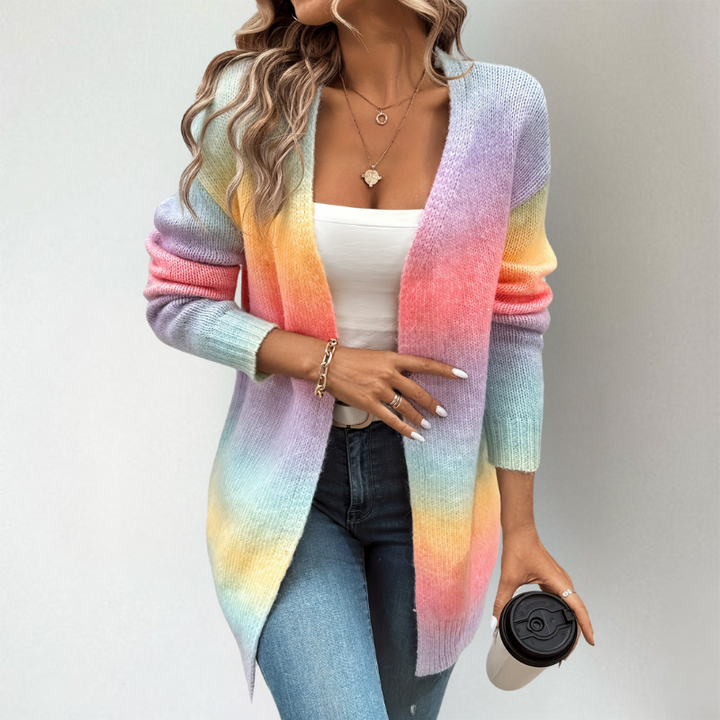 Adeline ombre open front longline cardigan, close-up front detail
