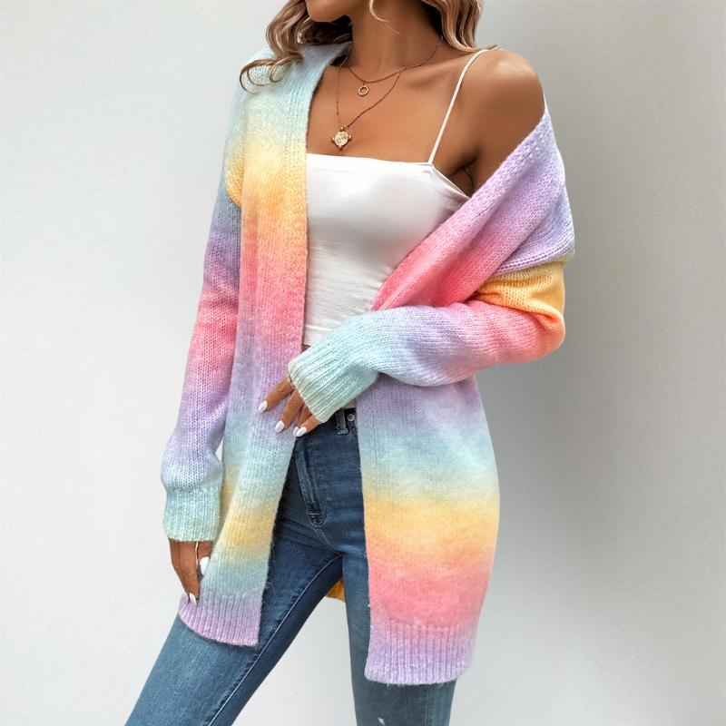 Adeline ombre open front longline cardigan, off-shoulder styling