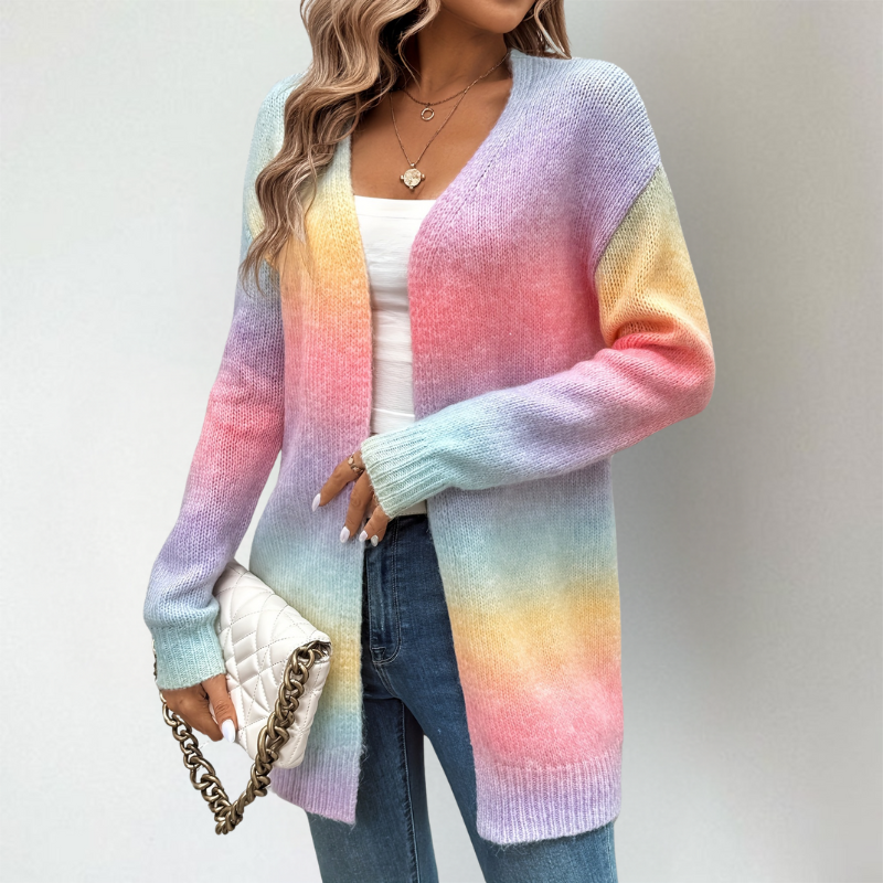 Adeline ombre open front longline cardigan, side view with handbag
