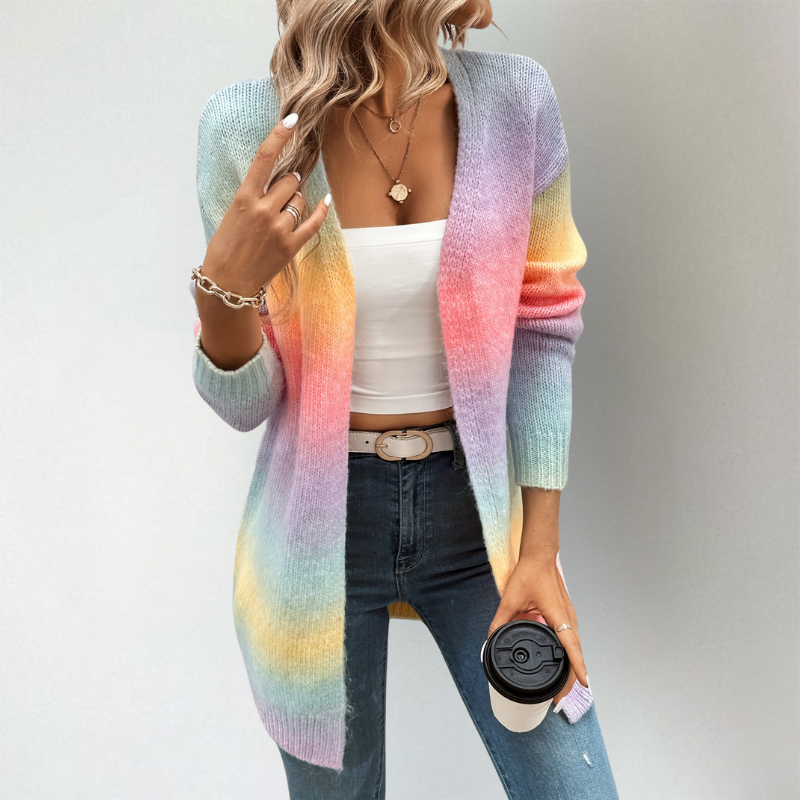 Adeline ombre open front longline cardigan, styled with coffee cup