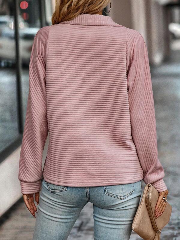 Adeline ribbed quarter zip pullover in pink, back view