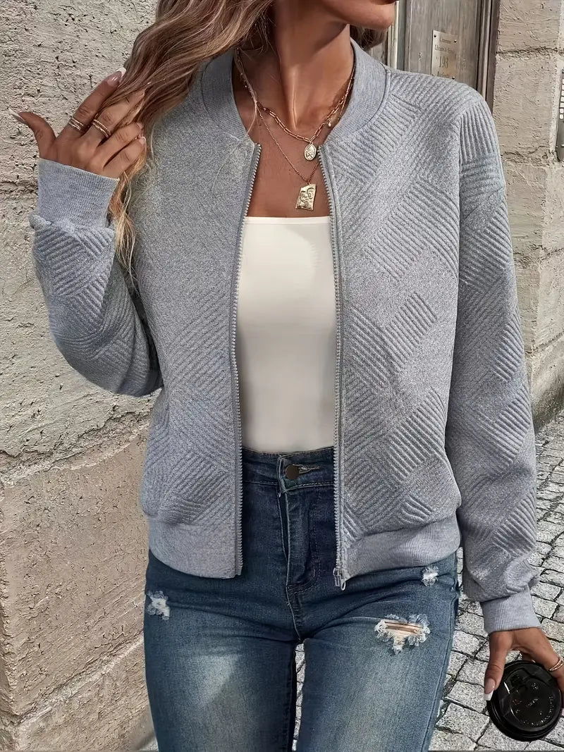 Adeline textured zip-up bomber jacket in gray, front view