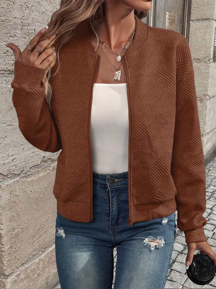 Adeline textured zip-up bomber jacket in brown, front view