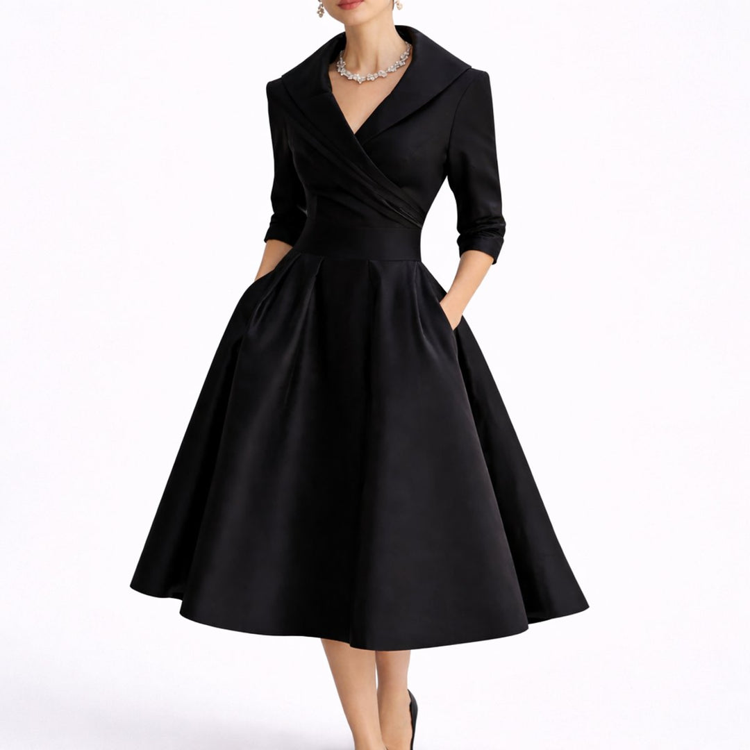 Adeline black wrap V-neck midi dress with pockets, front view
