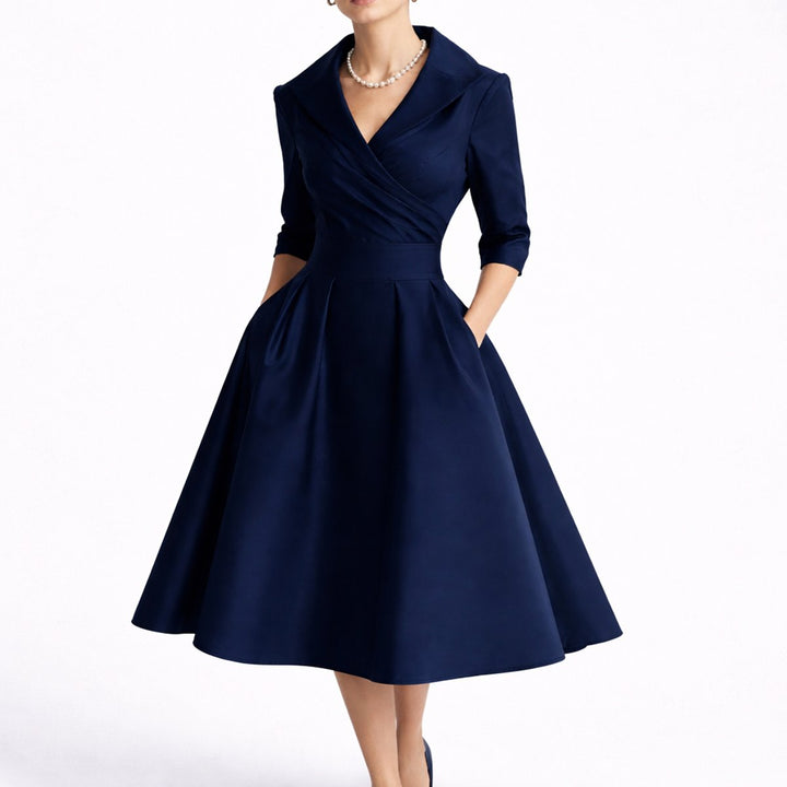 Adeline navy blue wrap V-neck fall midi dress, front view
