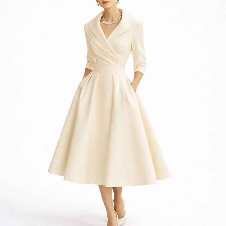 Adeline ivory wrap V-neck fall midi dress, front view