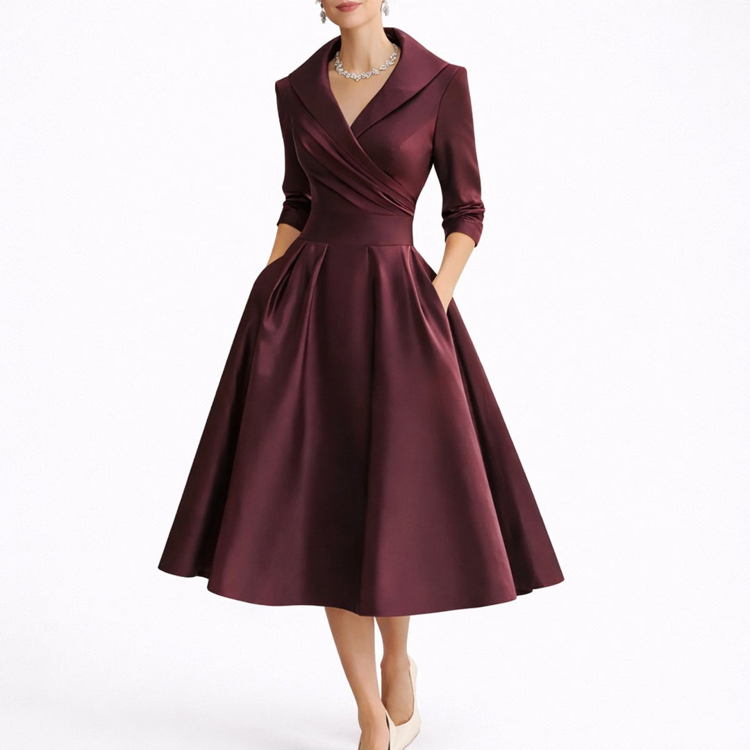 Adeline burgundy wrap V-neck fall midi dress, front view