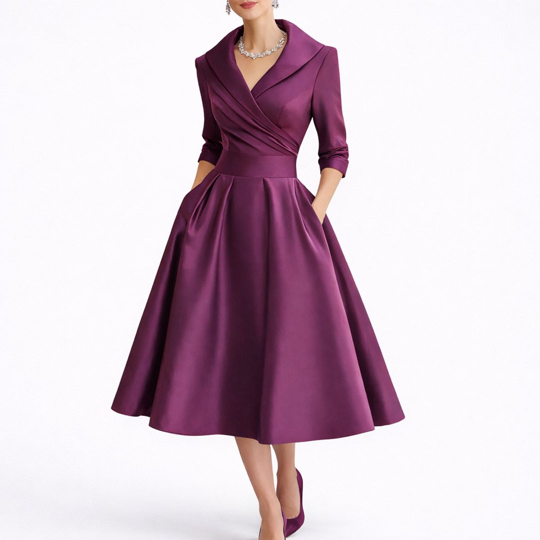 Adeline plum purple wrap V-neck fall midi dress, front view