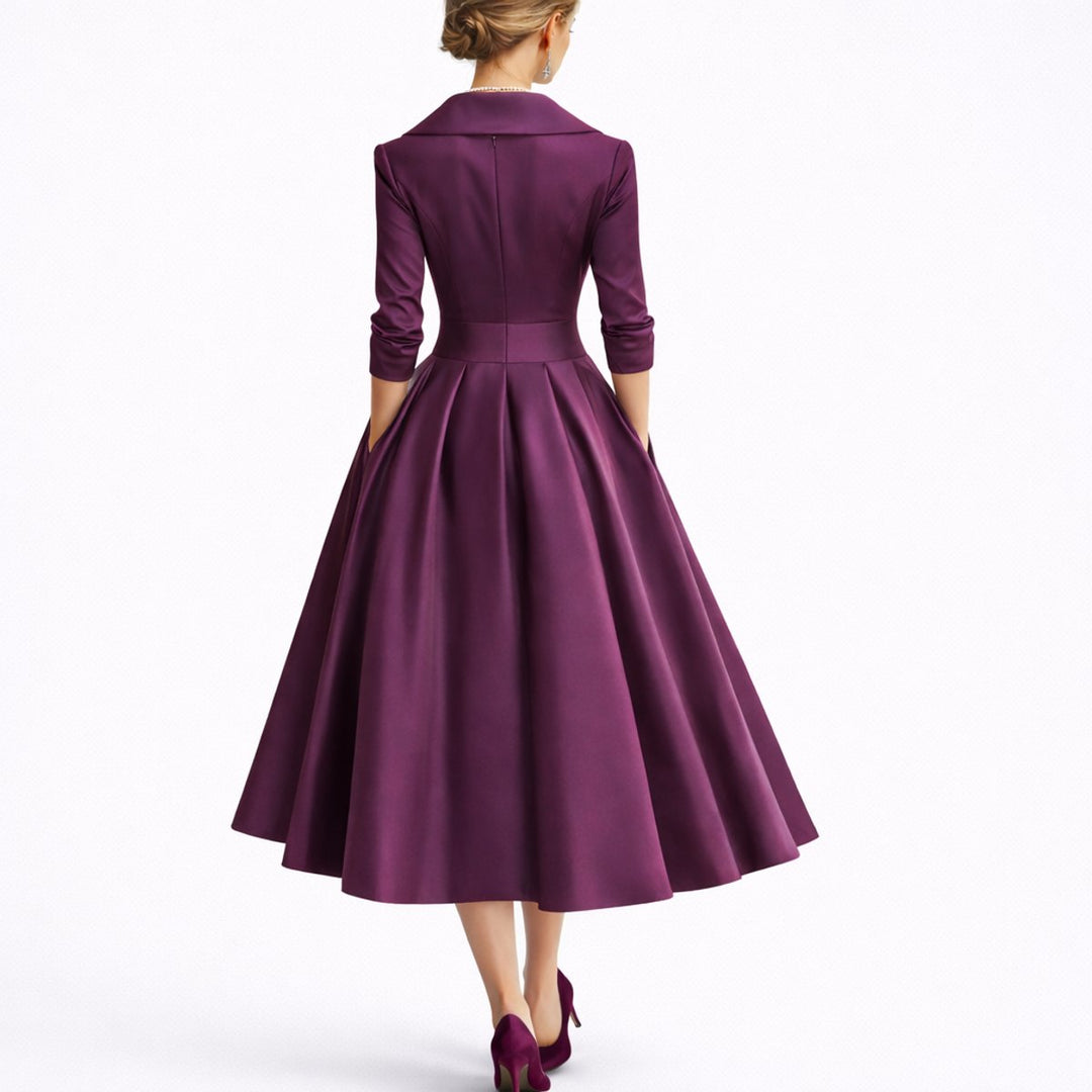 Adeline plum purple wrap V-neck fall midi dress, back view