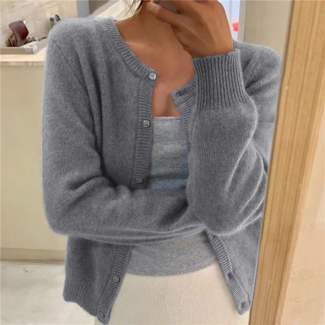 Amara gray round neck button cardigan, front view