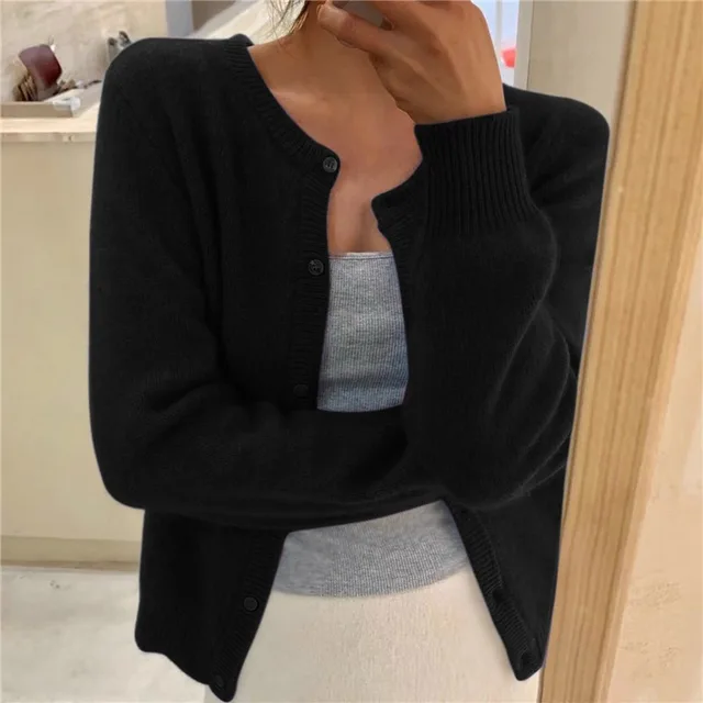 Amara black round neck button cardigan, front view